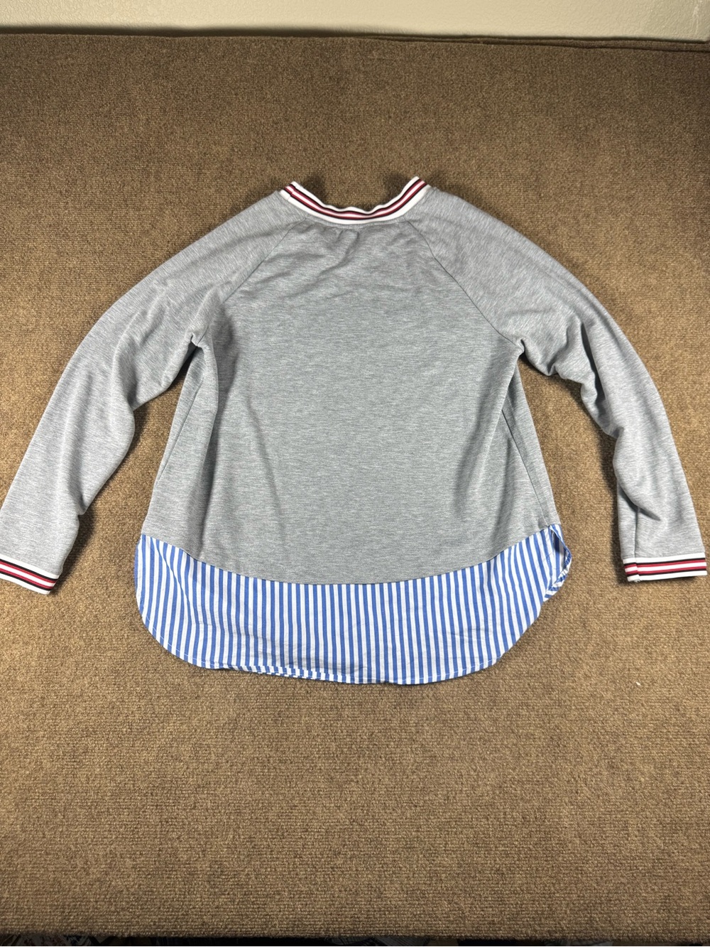 Sweater Top Gray Mixed Media Mock Layering Large Pullover Striped Hem Top - Picture 2 of 11